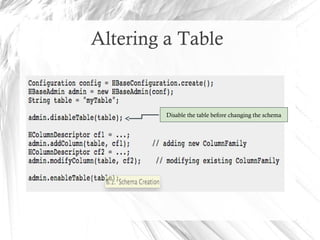 Altering a Table
Disable the table before changing the schema
 