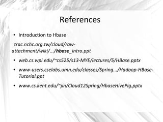 References
● Introduction to Hbase
trac.nchc.org.tw/cloud/raw-
attachment/wiki/.../hbase_intro.ppt
● web.cs.wpi.edu/~cs525/s13-MYE/lectures/5/HBase.pptx
● www-users.cselabs.umn.edu/classes/Spring.../Hadoop-HBase-
Tutorial.ppt
● www.cs.kent.edu/~jin/Cloud12Spring/HbaseHivePig.pptx
 