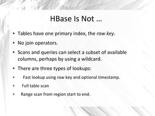 HBase Is Not …
● Tables have one primary index, the row key.
● No join operators.
● Scans and queries can select a subset of available
columns, perhaps by using a wildcard.
● There are three types of lookups:
Fast lookup using row key and optional timestamp.
Full table scan
Range scan from region start to end.
 