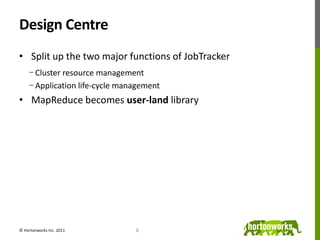 Design Centre,[object Object],Split up the two major functions of JobTracker,[object Object],Cluster resource management,[object Object],Application life-cycle management,[object Object],MapReduce becomes user-land library,[object Object],© Hortonworks Inc. 2011,[object Object],8,[object Object]