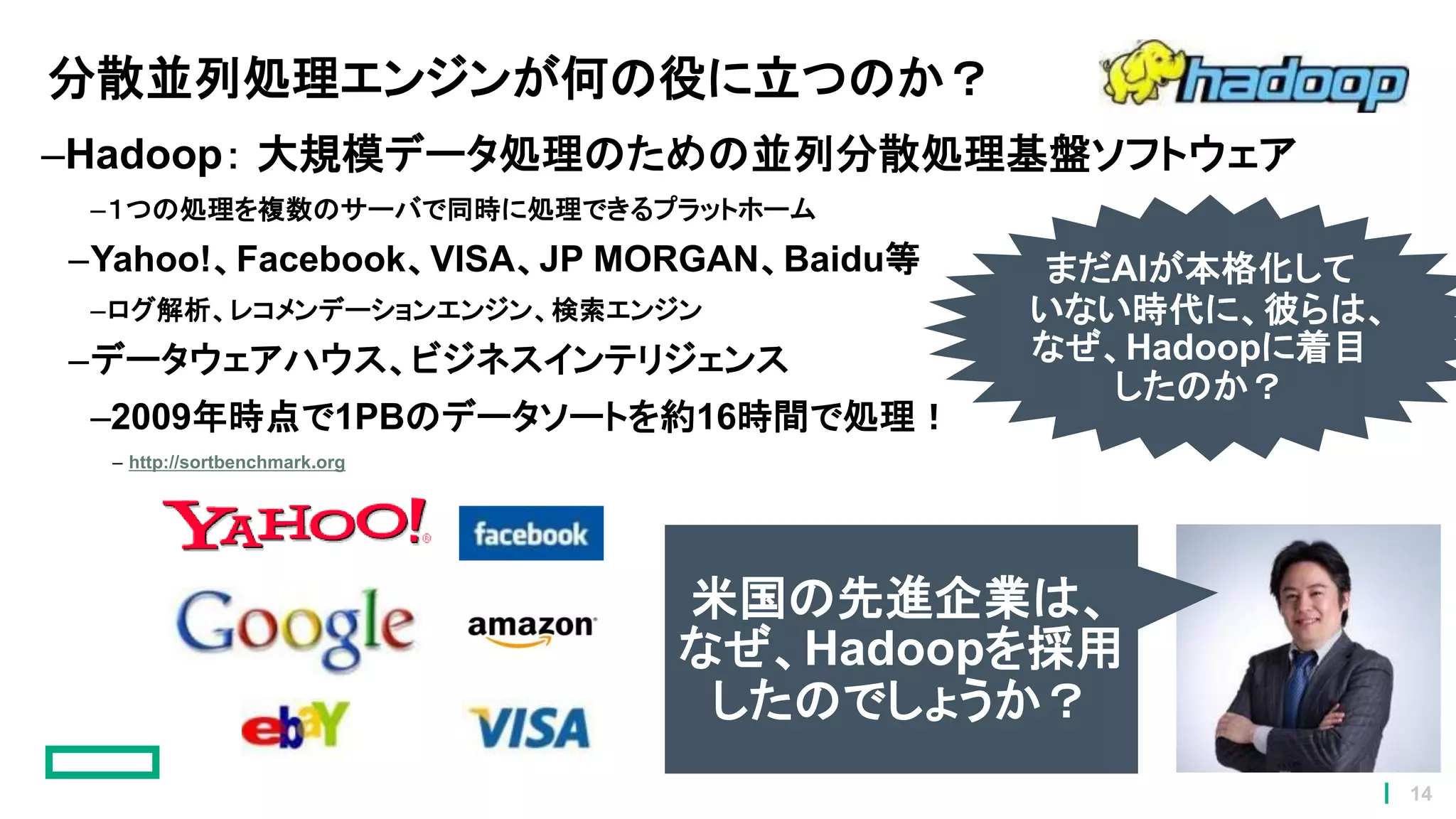 分散並列処理エンジンが何の役に立つのか？
–Hadoop： 大規模データ処理のための並列分散処理基盤ソフトウェア
–１つの処理を複数のサーバで同時に処理できるプラットホーム
–Yahoo!、Facebook、VISA、JP MORGAN、Baidu等
–ログ解析、レコメンデーションエンジン、検索エンジン
–データウェアハウス、ビジネスインテリジェンス
–2009年時点で1PBのデータソートを約16時間で処理！
– http://sortbenchmark.org
米国の先進企業は、
なぜ、Hadoopを採用
したのでしょうか？
まだAIが本格化して
いない時代に、彼らは、
なぜ、Hadoopに着目
したのか？
14
 