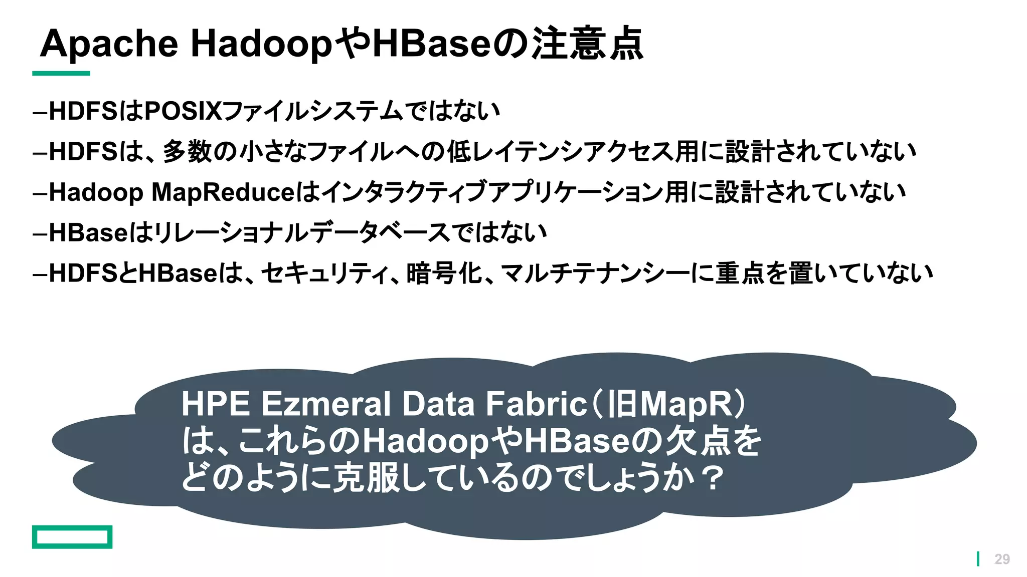Apache HadoopやHBaseの注意点
–HDFSはPOSIXファイルシステムではない
–HDFSは、多数の小さなファイルへの低レイテンシアクセス用に設計されていない
–Hadoop MapReduceはインタラクティブアプリケーション用に設計されていない
–HBaseはリレーショナルデータベースではない
–HDFSとHBaseは、セキュリティ、暗号化、マルチテナンシーに重点を置いていない
HPE Ezmeral Data Fabric（旧MapR）
は、これらのHadoopやHBaseの欠点を
どのように克服しているのでしょうか？
29
 