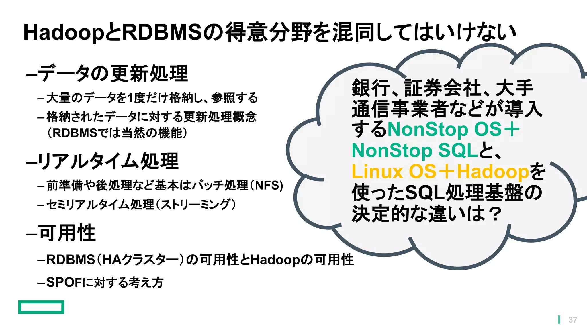 HadoopとRDBMSの得意分野を混同してはいけない
–データの更新処理
– 大量のデータを1度だけ格納し、参照する
– 格納されたデータに対する更新処理概念
（RDBMSでは当然の機能）
–リアルタイム処理
– 前準備や後処理など基本はバッチ処理（NFS)
– セミリアルタイム処理（ストリーミング）
–可用性
–RDBMS（HAクラスター）の可用性とHadoopの可用性
–SPOFに対する考え方
銀行、証券会社、大手
通信事業者などが導入
するNonStop OS＋
NonStop SQLと、
Linux OS＋Hadoopを
使ったSQL処理基盤の
決定的な違いは？
37
 