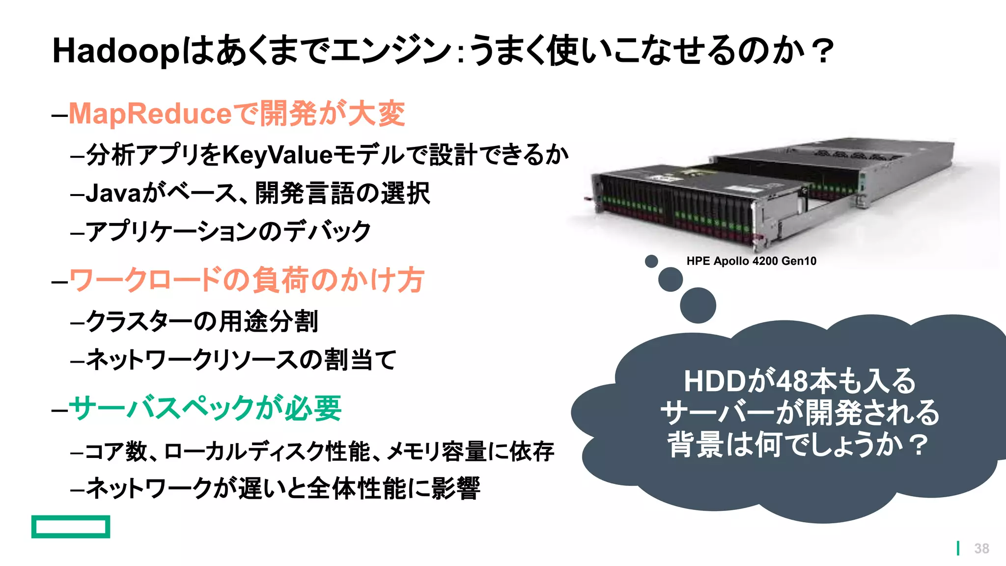 Hadoopはあくまでエンジン：うまく使いこなせるのか？
–MapReduceで開発が大変
–分析アプリをKeyValueモデルで設計できるか
–Javaがベース、開発言語の選択
–アプリケーションのデバック
–ワークロードの負荷のかけ方
–クラスターの用途分割
–ネットワークリソースの割当て
–サーバスペックが必要
–コア数、ローカルディスク性能、メモリ容量に依存
–ネットワークが遅いと全体性能に影響
HDDが48本も入る
サーバーが開発される
背景は何でしょうか？
HPE Apollo 4200 Gen10
38
 