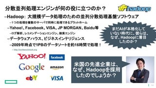 分散並列処理エンジンが何の役に立つのか？
–Hadoop： 大規模データ処理のための並列分散処理基盤ソフトウェア
–１つの処理を複数のサーバで同時に処理できるプラットホーム
–Yahoo!、Facebook、VISA、JP MORGAN、Baidu等
–ログ解析、レコメンデーションエンジン、検索エンジン
–データウェアハウス、ビジネスインテリジェンス
–2009年時点で1PBのデータソートを約16時間で処理！
– http://sortbenchmark.org
米国の先進企業は、
なぜ、Hadoopを採用
したのでしょうか？
まだAIが本格化して
いない時代に、彼らは、
なぜ、Hadoopに着目
したのか？
14
 