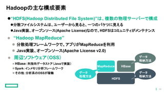 Hadoopの主な構成要素
“HDFS(Hadoop Distributed File System)”は、複数の物理サーバーで構成
分散ファイルシステムは、ユーザーから見ると、一つのバケツに見える
Java実装、オープンソース(Apache License)なので、HDFSはコミュニティがメンテナンス
 “Hadoop MapReduce”
 分散処理フレームワークで、アプリがMapReduceを利用
 Java実装、オープンソース(Apache License v2.0)
 周辺ソフトウェア（OSS）
 HBase：列指向データストア（Javaで実装）
Spark：インメモリ分析フレームワーク
その他：分析系のOSSが稼働
HDFS
MapReduce HBase
データ
格納方法
データ
処理方法
データ
格納方法
28
 