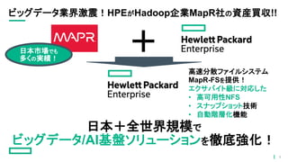 ビッグデータ業界激震！HPEがHadoop企業MapR社の資産買収!!
＋日本市場でも
多くの実績！
日本＋全世界規模で
ビッグデータ/AI基盤ソリューションを徹底強化！
高速分散ファイルシステム
MapR-FSを提供！
エクサバイト級に対応した
• 高可用性NFS
• スナップショット技術
• 自動階層化機能
4
 