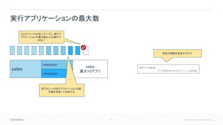 29 © Cloudera, Inc. All rights reserved.
実行アプリケーションの最大数
sales
たとえリソースが余っていても、実行ア
プリケーションの最大数以上は実行で
きない
設定は個数を指定するだけ
eastjapan
westjapan
sales
最大10アプリ
配下キューの全アプリケーションの実
行数を合算して判定する
 