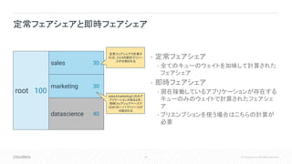 38 © Cloudera, Inc. All rights reserved.
• 定常フェアシェア
• 全てのキューのウェイトを加味して計算された
フェアシェア
• 即時フェアシェア
• 現在稼働しているアプリケーションが存在する
キューのみのウェイトで計算されたフェアシェ
ア
• プリエンプションを使う場合はこちらの計算が
必要
定常フェアシェアと即時フェアシェア
root
sales
marketing
datascience
100
30
30
40
定常フェアシェアで計算す
れば、3:3:4の割合でリソー
スが分割される
salesとmarketingにのみア
プリケーションがあるとき、
即時フェアシェアベースで
は30:30 = 1:1でリソースが
分配される
 