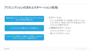 39 © Cloudera, Inc. All rights reserved.
• スタベーション
• リソースが枯渇している状態。スタベーション
しているキューあるいはアプリがあるとプリエ
ンプションが実行される
• 二種類のスタベーション
• フェアシェアスタベーション
• 最小シェアスタベーション
プリエンプションの流れとスタベーション(枯渇)
条件を満たしたリソースキューあるいはアプリケーションが
starved (枯渇) 状態となる
プリエンプション対象のコンテナを検索する
プリエンプションを実行して対象コンテナをkillし、starved ア
プリケーションにリソースを割り当てる
 