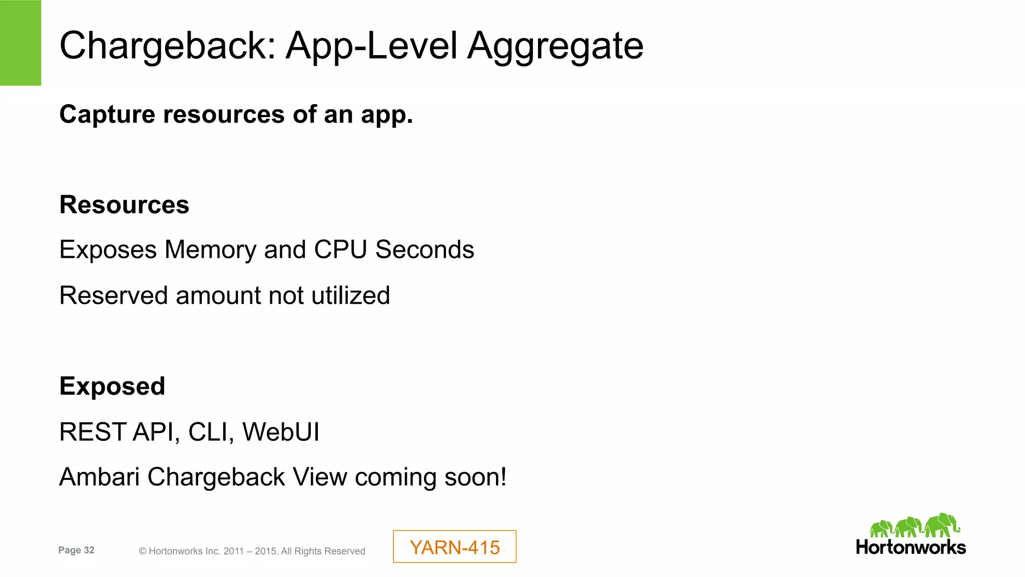 Page 32 © Hortonworks Inc. 2011 – 2015. All Rights Reserved
Chargeback: App-Level Aggregate
Capture resources of an app.
Resources
Exposes Memory and CPU Seconds
Reserved amount not utilized
Exposed
REST API, CLI, WebUI
Ambari Chargeback View coming soon!
YARN-415
 