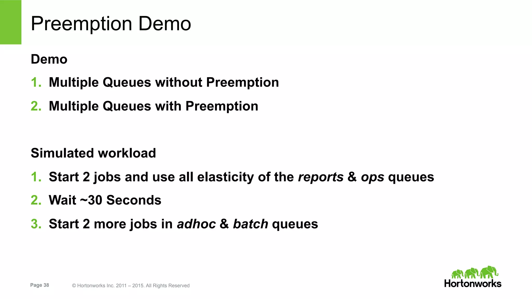 Page 38 © Hortonworks Inc. 2011 – 2015. All Rights Reserved
Preemption Demo
Demo
1.  Multiple Queues without Preemption
2.  Multiple Queues with Preemption
Simulated workload
1.  Start 2 jobs and use all elasticity of the reports & ops queues
2.  Wait ~30 Seconds
3.  Start 2 more jobs in adhoc & batch queues
 