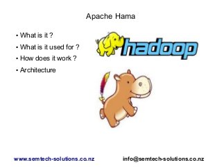 Apache Hama
● What is it ?
● What is it used for ?
● How does it work ?
● Architecture
www.semtech-solutions.co.nz info@semtech-solutions.co.nz
 
