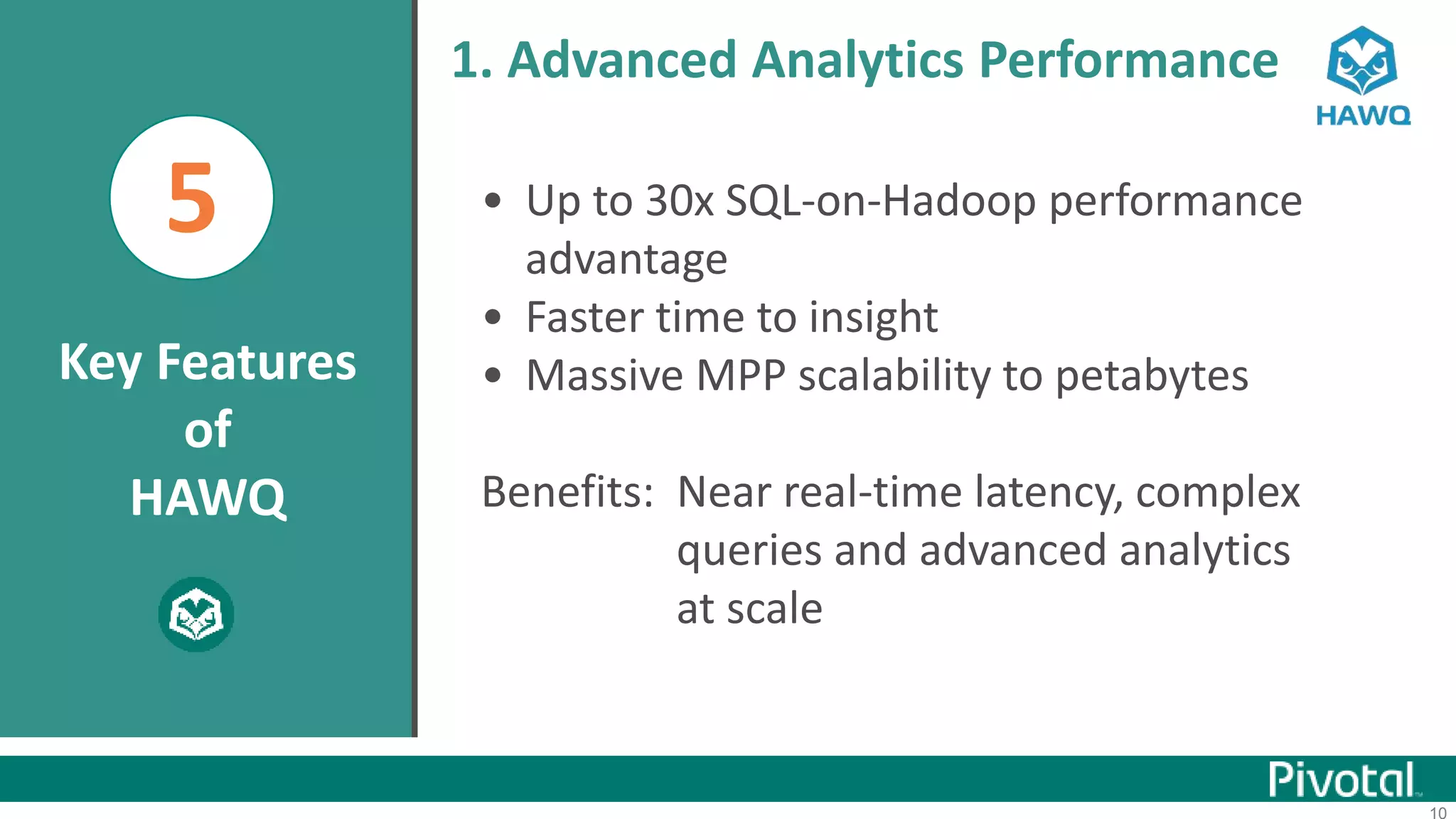 10
5 • Up to 30x SQL-on-Hadoop performance
advantage
• Faster time to insight
• Massive MPP scalability to petabytes
Benefits: Near real-time latency, complex
queries and advanced analytics
at scale
1. Advanced Analytics Performance
Key Features
of
HAWQ
 
