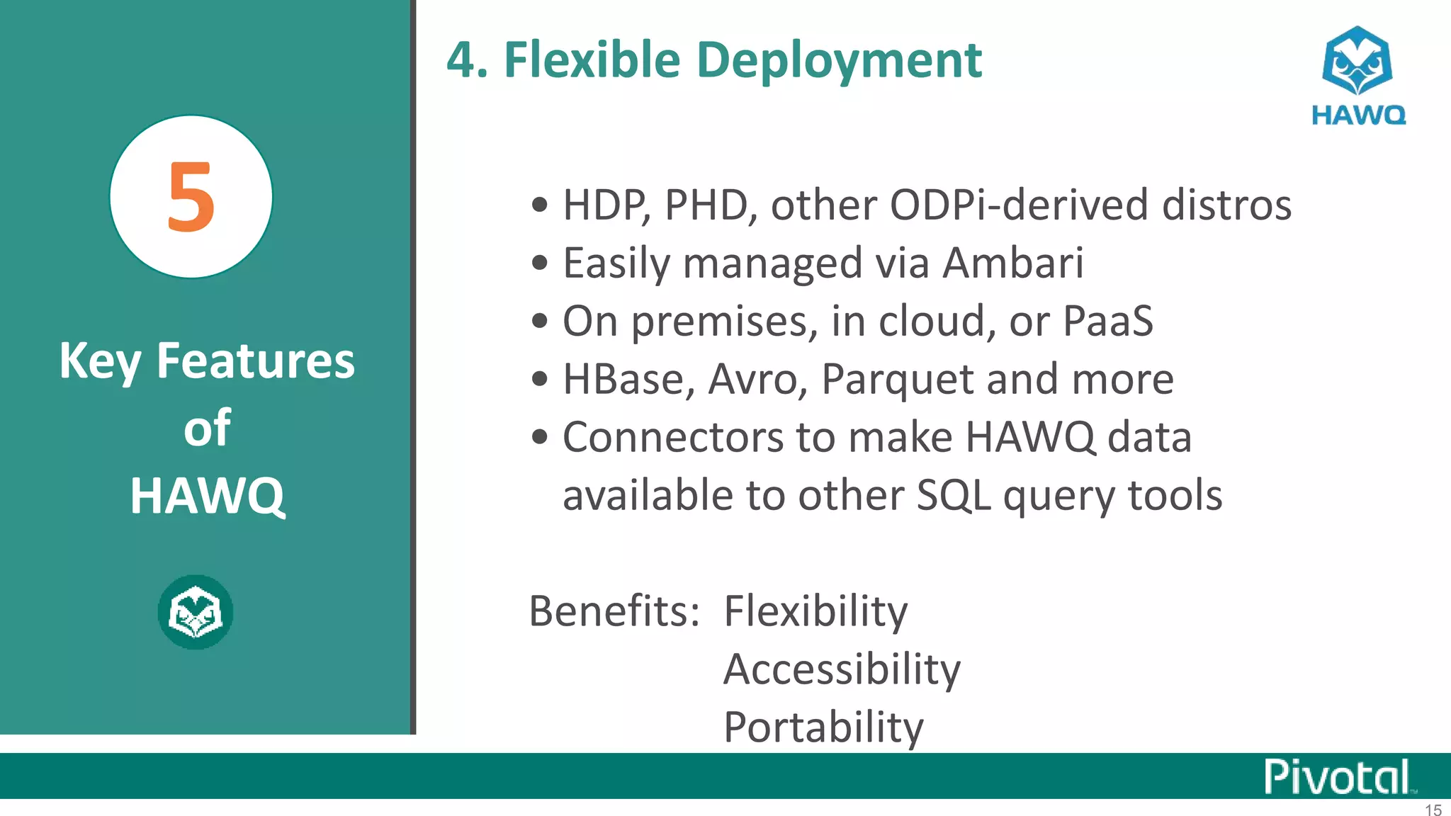 15
5 • HDP, PHD, other ODPi-derived distros
• Easily managed via Ambari
• On premises, in cloud, or PaaS
• HBase, Avro, Parquet and more
• Connectors to make HAWQ data
available to other SQL query tools
Benefits: Flexibility
Accessibility
Portability
4. Flexible Deployment
Key Features
of
HAWQ
 