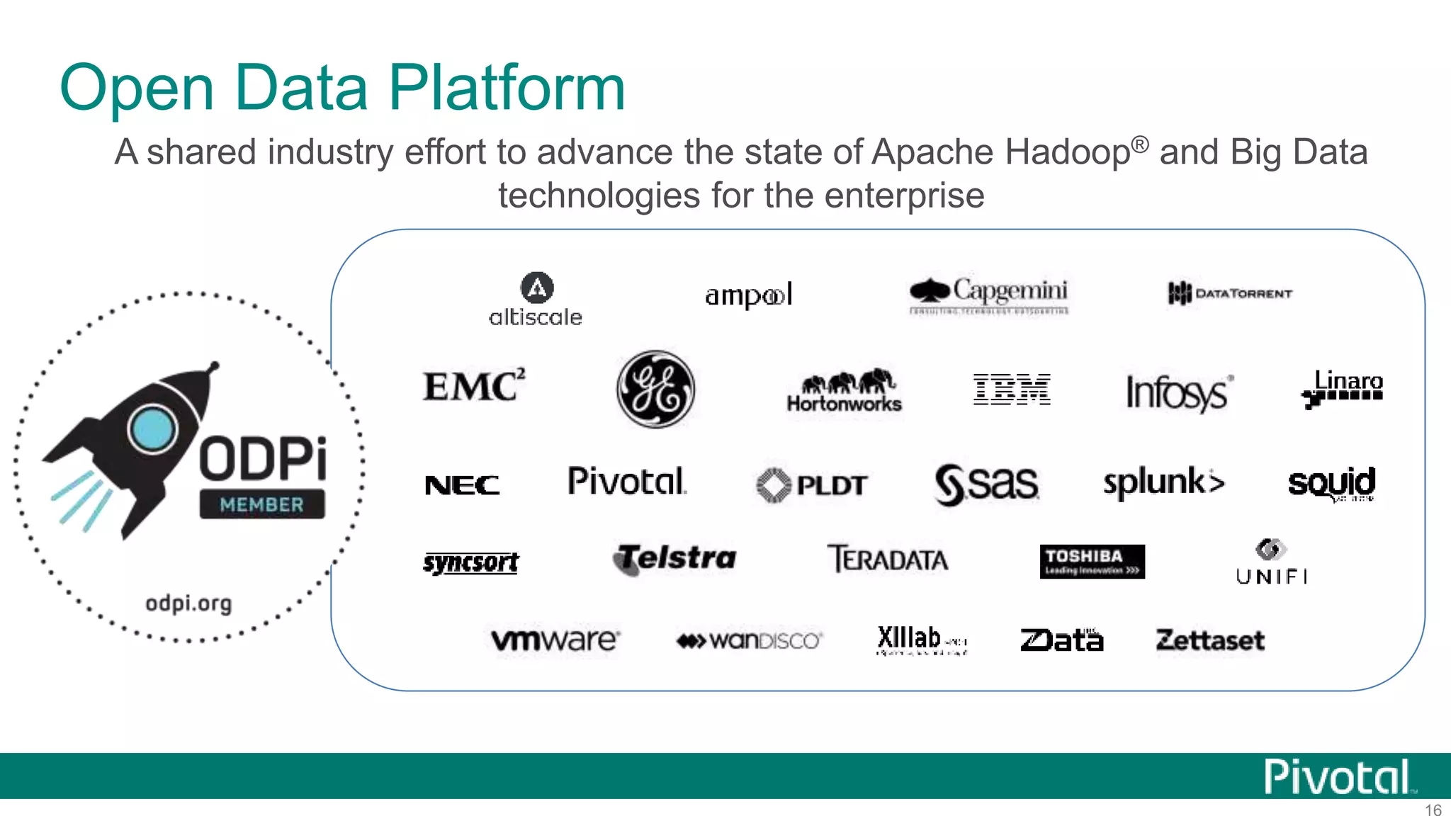 16
Open Data Platform
A shared industry effort to advance the state of Apache Hadoop® and Big Data
technologies for the enterprise
 
