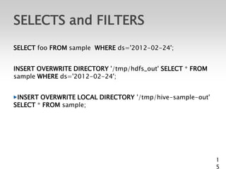 SELECTS and FILTERS
SELECT foo FROM sample WHERE ds='2012-02-24';


INSERT OVERWRITE DIRECTORY '/tmp/hdfs_out' SELECT * FROM
sample WHERE ds='2012-02-24';


 INSERT OVERWRITE LOCAL DIRECTORY '/tmp/hive-sample-out'
SELECT * FROM sample;




                                                           1
                                                           5
 