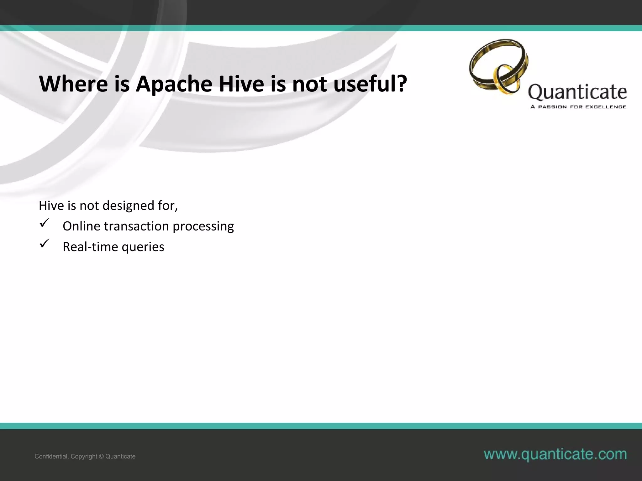 Confidential, Copyright © Quanticate
Where is Apache Hive is not useful?
Hive is not designed for,
 Online transaction processing
 Real-time queries
 