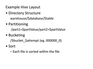Example Hive Layout
• Directory Structure
warehouse/$database/$table
• Partitioning
/part1=$partValue/part2=$partValue
• Bucketing
/$bucket_$attempt (eg. 000000_0)
• Sort
– Each file is sorted within the file
 