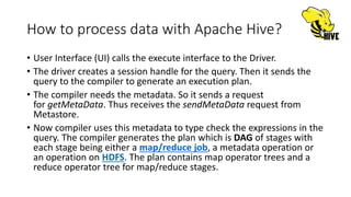 How to process data with Apache Hive?
• User Interface (UI) calls the execute interface to the Driver.
• The driver creates a session handle for the query. Then it sends the
query to the compiler to generate an execution plan.
• The compiler needs the metadata. So it sends a request
for getMetaData. Thus receives the sendMetaData request from
Metastore.
• Now compiler uses this metadata to type check the expressions in the
query. The compiler generates the plan which is DAG of stages with
each stage being either a map/reduce job, a metadata operation or
an operation on HDFS. The plan contains map operator trees and a
reduce operator tree for map/reduce stages.
 