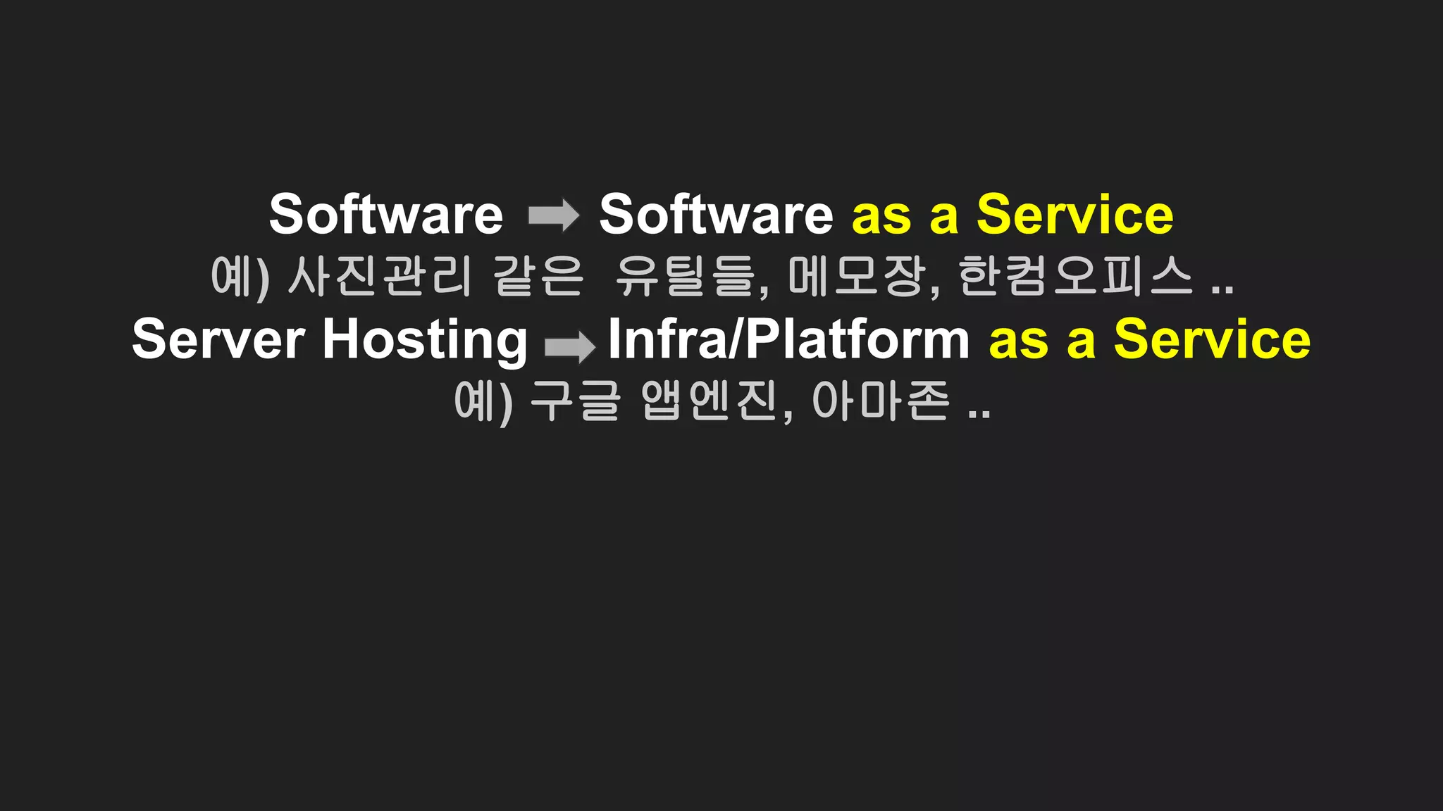 Software Software as a Service
예) 사진관리 같은 유틸들, 메모장, 한컴오피스 ..
Server Hosting Infra/Platform as a Service
예) 구글 앱엔진, 아마존 ..
 
