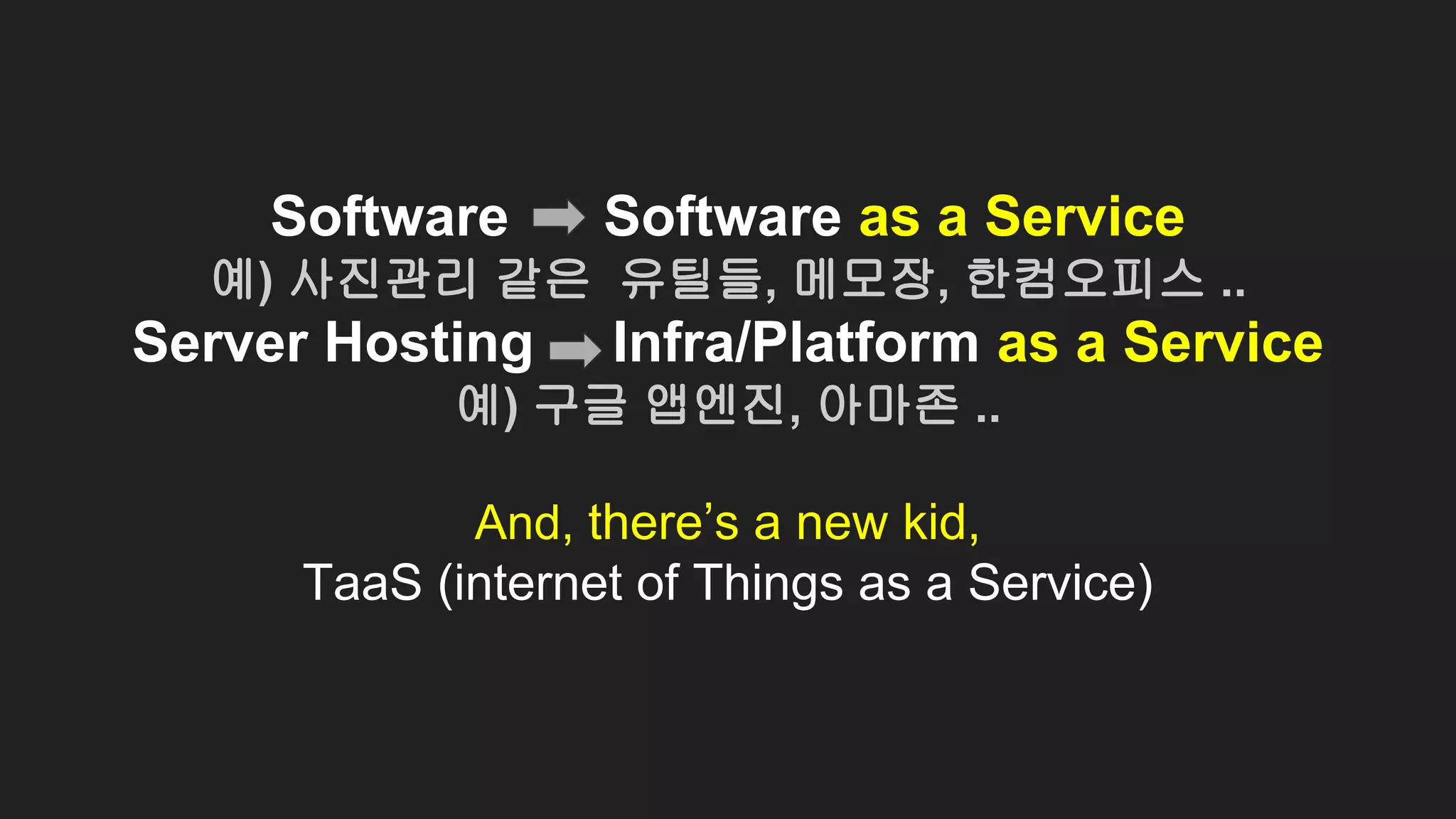 Software Software as a Service
예) 사진관리 같은 유틸들, 메모장, 한컴오피스 ..
Server Hosting Infra/Platform as a Service
예) 구글 앱엔진, 아마존 ..
And, there’s a new kid,
TaaS (internet of Things as a Service)
 