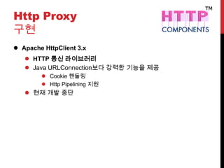 Http Proxy
구현
 Apache HttpClient 3.x
 HTTP 통신 라이브러리
 Java URLConnection보다 강력한 기능을 제공
 Cookie 핸들링
 Http Pipelining 지원
 현재 개발 중단
 