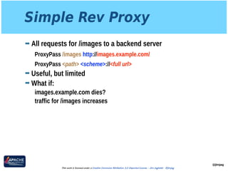 Simple Rev Proxy
➡ All requests for /images to a backend server
ProxyPass /images http://images.example.com/
ProxyPass <path> <scheme>://<full url>
➡ Useful, but limited
➡ What if:
images.example.com dies?
traffic for /images increases
@jimjag
This work is licensed under a Creative Commons Attribution 3.0 Unported License. - Jim Jagielski - @jimjag
 