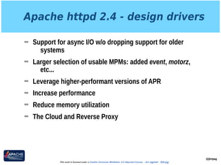 Apache httpd 2.4 - design drivers
➡ Support for async I/O w/o dropping support for older
systems
➡ Larger selection of usable MPMs: added event, motorz,
etc...
➡ Leverage higher-performant versions of APR
➡ Increase performance
➡ Reduce memory utilization
➡ The Cloud and Reverse Proxy
@jimjag
This work is licensed under a Creative Commons Attribution 3.0 Unported License. - Jim Jagielski - @jimjag
 