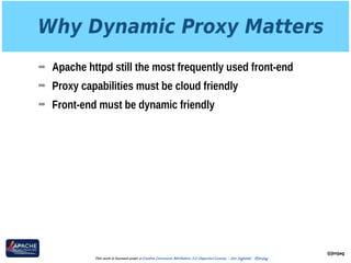Why Dynamic Proxy Matters
➡ Apache httpd still the most frequently used front-end
➡ Proxy capabilities must be cloud friendly
➡ Front-end must be dynamic friendly
@jimjag
This work is licensed under a Creative Commons Attribution 3.0 Unported License. - Jim Jagielski - @jimjag
 