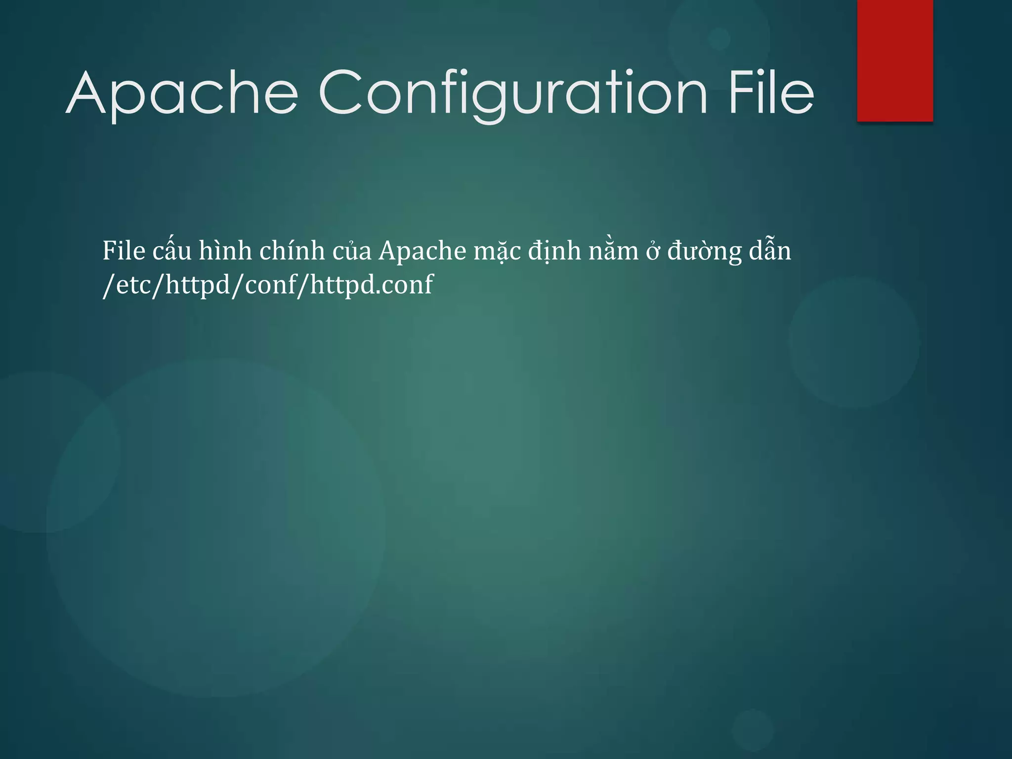 Apache Configuration File

 File cấu hình chính của Apache mặc định nằm ở đường dẫn
 /etc/httpd/conf/httpd.conf
 