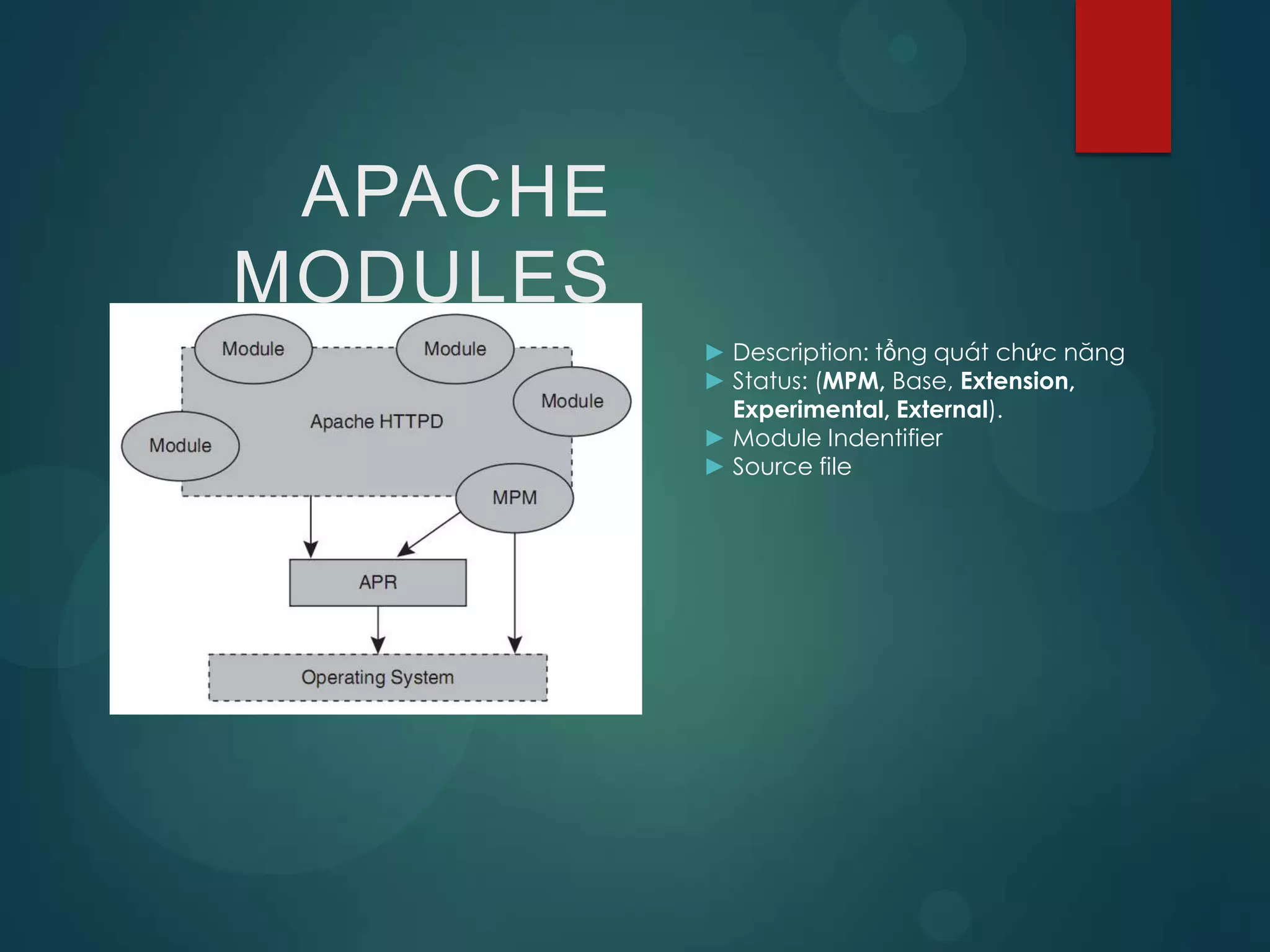 APACHE
MODULES
          ► Description: tổng quát chức năng
          ► Status: (MPM, Base, Extension,
            Experimental, External).
          ► Module Indentifier
          ► Source file
 