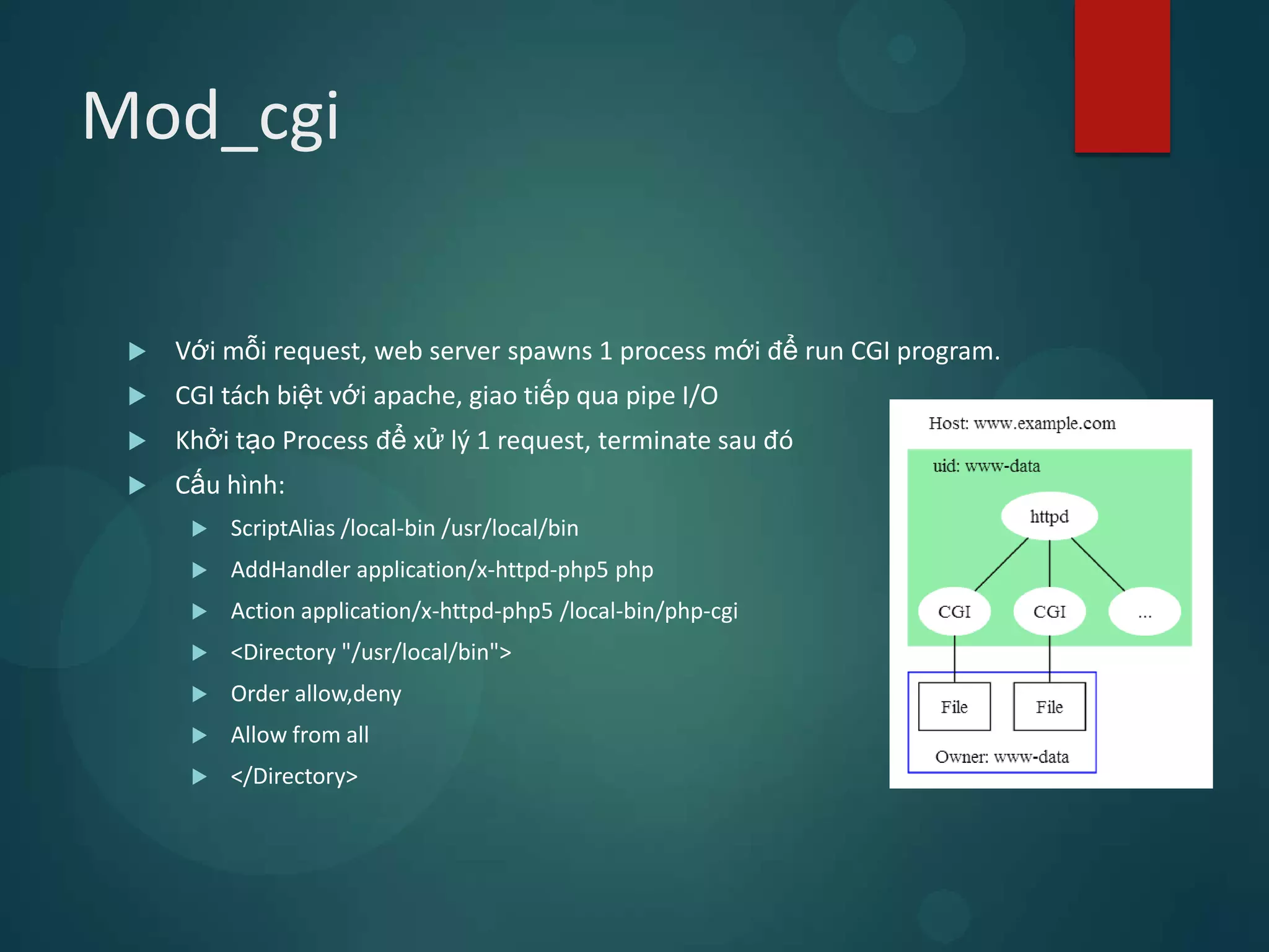 Mod_cgi

    Với mỗi request, web server spawns 1 process mới để run CGI program.
    CGI tách biệt với apache, giao tiếp qua pipe I/O
    Khởi tạo Process để xử lý 1 request, terminate sau đó
    Cấu hình:
         ScriptAlias /local-bin /usr/local/bin
         AddHandler application/x-httpd-php5 php
         Action application/x-httpd-php5 /local-bin/php-cgi
         <Directory "/usr/local/bin">
         Order allow,deny
         Allow from all
         </Directory>
 