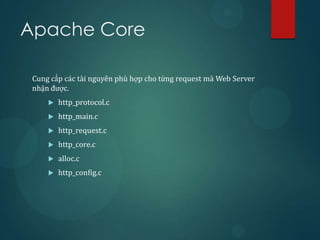 Apache Core

 Cung cấp các tài nguyên phù hợp cho từng request mà Web Server
 nhận được.
        http_protocol.c
        http_main.c
        http_request.c
        http_core.c
        alloc.c
        http_config.c
 