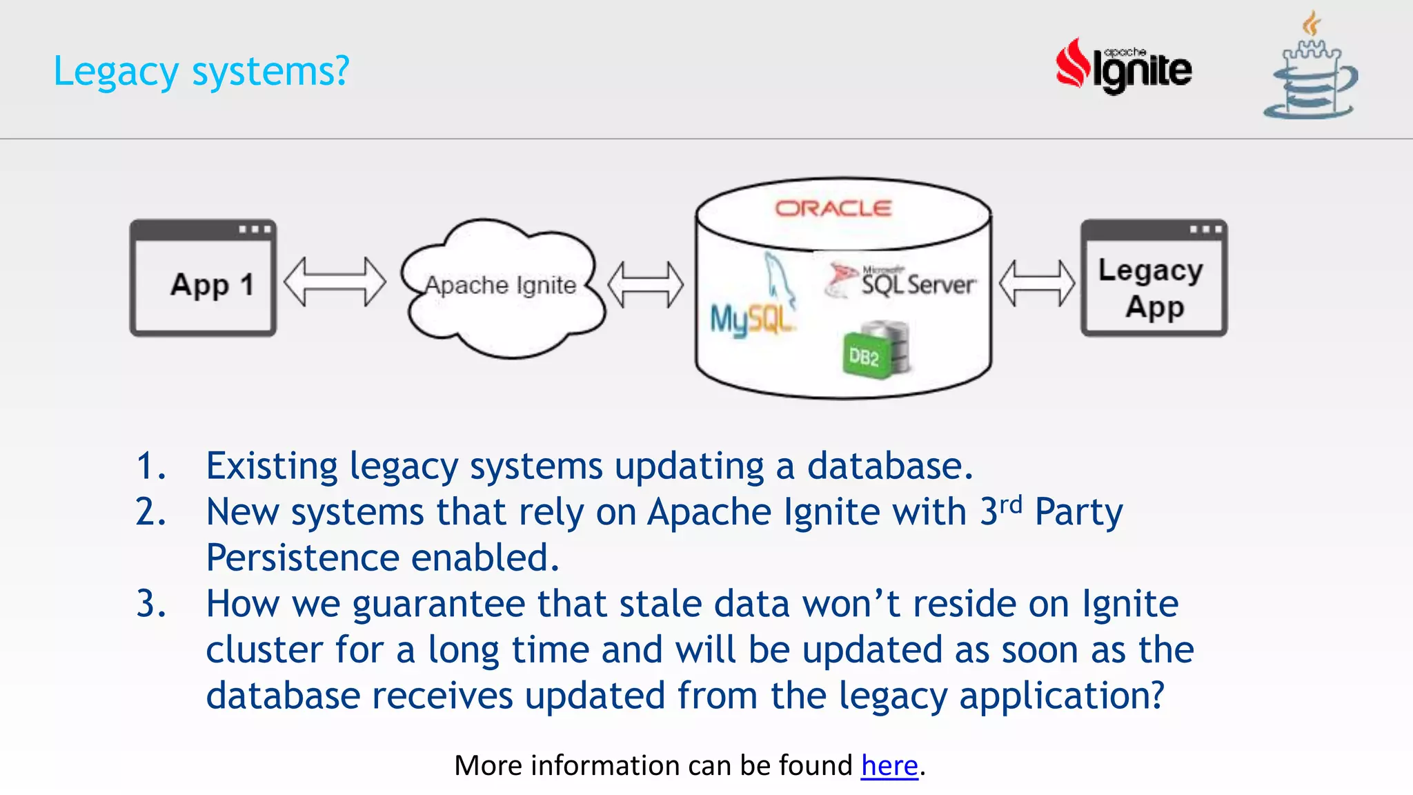 Legacy systems?
More information can be found here.
1. Existing legacy systems updating a database.
2. New systems that rely on Apache Ignite with 3rd Party
Persistence enabled.
3. How we guarantee that stale data won’t reside on Ignite
cluster for a long time and will be updated as soon as the
database receives updated from the legacy application?
 