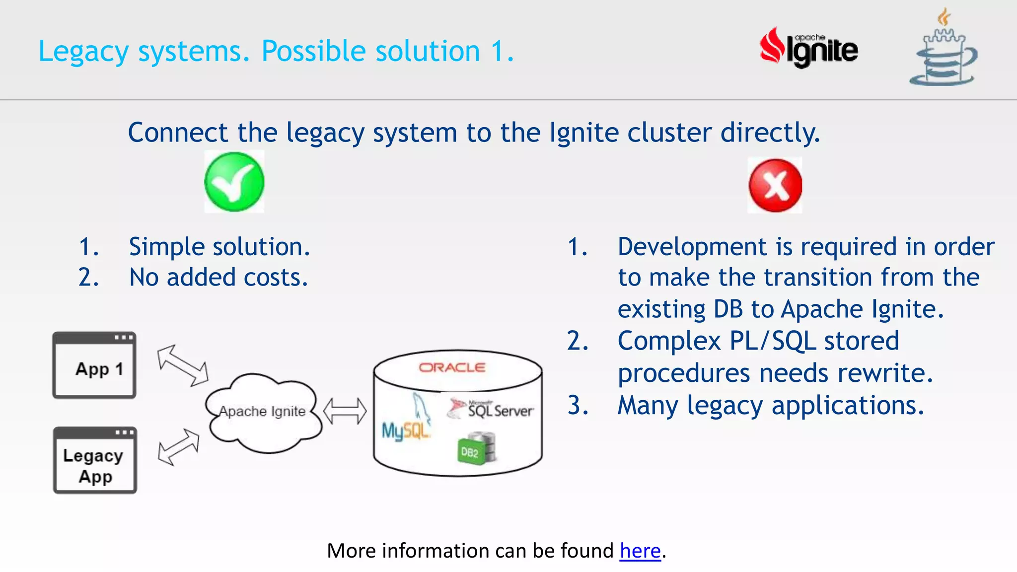 Legacy systems. Possible solution 1.
More information can be found here.
Connect the legacy system to the Ignite cluster directly.
1. Development is required in order
to make the transition from the
existing DB to Apache Ignite.
2. Complex PL/SQL stored
procedures needs rewrite.
3. Many legacy applications.
1. Simple solution.
2. No added costs.
 
