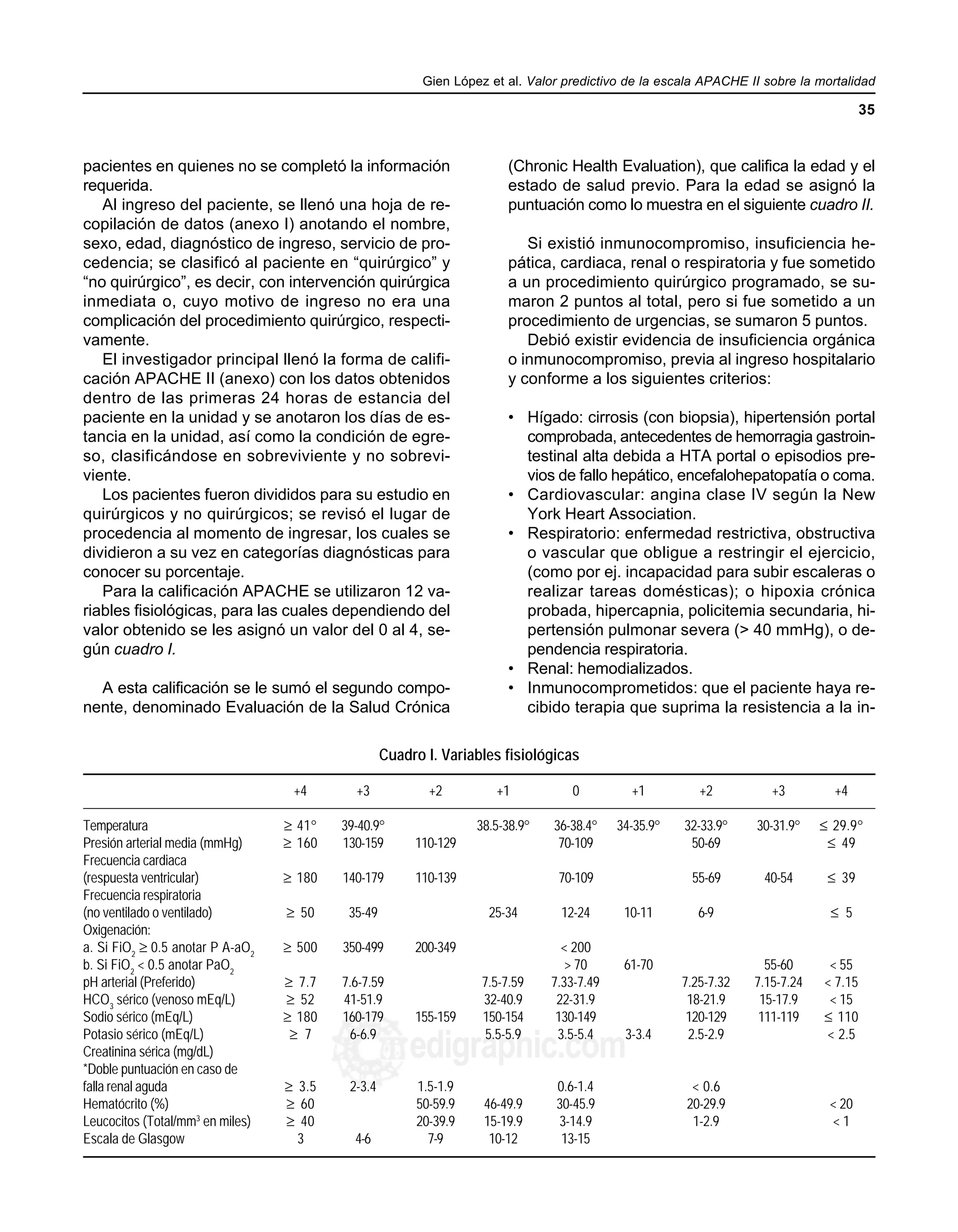 Gien López et al. Valor predictivo de la escala APACHE II sobre la mortalidad
35
edigraphic.com
pacientes en quienes no se completó la información
requerida.
Al ingreso del paciente, se llenó una hoja de re-
copilación de datos (anexo I) anotando el nombre,
sexo, edad, diagnóstico de ingreso, servicio de pro-
cedencia; se clasificó al paciente en “quirúrgico” y
“no quirúrgico”, es decir, con intervención quirúrgica
inmediata o, cuyo motivo de ingreso no era una
complicación del procedimiento quirúrgico, respecti-
vamente.
El investigador principal llenó la forma de califi-
cación APACHE II (anexo) con los datos obtenidos
dentro de las primeras 24 horas de estancia del
paciente en la unidad y se anotaron los días de es-
tancia en la unidad, así como la condición de egre-
so, clasificándose en sobreviviente y no sobrevi-
viente.
Los pacientes fueron divididos para su estudio en
quirúrgicos y no quirúrgicos; se revisó el lugar de
procedencia al momento de ingresar, los cuales se
dividieron a su vez en categorías diagnósticas para
conocer su porcentaje.
Para la calificación APACHE se utilizaron 12 va-
riables fisiológicas, para las cuales dependiendo del
valor obtenido se les asignó un valor del 0 al 4, se-
gún cuadro I.
A esta calificación se le sumó el segundo compo-
nente, denominado Evaluación de la Salud Crónica
(Chronic Health Evaluation), que califica la edad y el
estado de salud previo. Para la edad se asignó la
puntuación como lo muestra en el siguiente cuadro II.
Si existió inmunocompromiso, insuficiencia he-
pática, cardiaca, renal o respiratoria y fue sometido
a un procedimiento quirúrgico programado, se su-
maron 2 puntos al total, pero si fue sometido a un
procedimiento de urgencias, se sumaron 5 puntos.
Debió existir evidencia de insuficiencia orgánica
o inmunocompromiso, previa al ingreso hospitalario
y conforme a los siguientes criterios:
• Hígado: cirrosis (con biopsia), hipertensión portal
comprobada, antecedentes de hemorragia gastroin-
testinal alta debida a HTA portal o episodios pre-
vios de fallo hepático, encefalohepatopatía o coma.
• Cardiovascular: angina clase IV según la New
York Heart Association.
• Respiratorio: enfermedad restrictiva, obstructiva
o vascular que obligue a restringir el ejercicio,
(como por ej. incapacidad para subir escaleras o
realizar tareas domésticas); o hipoxia crónica
probada, hipercapnia, policitemia secundaria, hi-
pertensión pulmonar severa (> 40 mmHg), o de-
pendencia respiratoria.
• Renal: hemodializados.
• Inmunocomprometidos: que el paciente haya re-
cibido terapia que suprima la resistencia a la in-
Cuadro I. Variables fisiológicas
+4 +3 +2 +1 0 +1 +2 +3 +4
Temperatura ≥ 41° 39-40.9° 38.5-38.9° 36-38.4° 34-35.9° 32-33.9° 30-31.9° ≤ 29.9°
Presión arterial media (mmHg) ≥ 160 130-159 110-129 70-109 50-69 ≤ 49
Frecuencia cardiaca
(respuesta ventricular) ≥ 180 140-179 110-139 70-109 55-69 40-54 ≤ 39
Frecuencia respiratoria
(no ventilado o ventilado) ≥ 50 35-49 25-34 12-24 10-11 6-9 ≤ 5
Oxigenación:
a. Si FiO2
≥ 0.5 anotar P A-aO2
≥ 500 350-499 200-349 < 200
b. Si FiO2
< 0.5 anotar PaO2
> 70 61-70 55-60 < 55
pH arterial (Preferido) ≥ 7.7 7.6-7.59 7.5-7.59 7.33-7.49 7.25-7.32 7.15-7.24 < 7.15
HCO3
sérico (venoso mEq/L) ≥ 52 41-51.9 32-40.9 22-31.9 18-21.9 15-17.9 < 15
Sodio sérico (mEq/L) ≥ 180 160-179 155-159 150-154 130-149 120-129 111-119 ≤ 110
Potasio sérico (mEq/L) ≥ 7 6-6.9 5.5-5.9 3.5-5.4 3-3.4 2.5-2.9 < 2.5
Creatinina sérica (mg/dL)
*Doble puntuación en caso de
falla renal aguda ≥ 3.5 2-3.4 1.5-1.9 0.6-1.4 < 0.6
Hematócrito (%) ≥ 60 50-59.9 46-49.9 30-45.9 20-29.9 < 20
Leucocitos (Total/mm3
en miles) ≥ 40 20-39.9 15-19.9 3-14.9 1-2.9 < 1
Escala de Glasgow 3 4-6 7-9 10-12 13-15
 