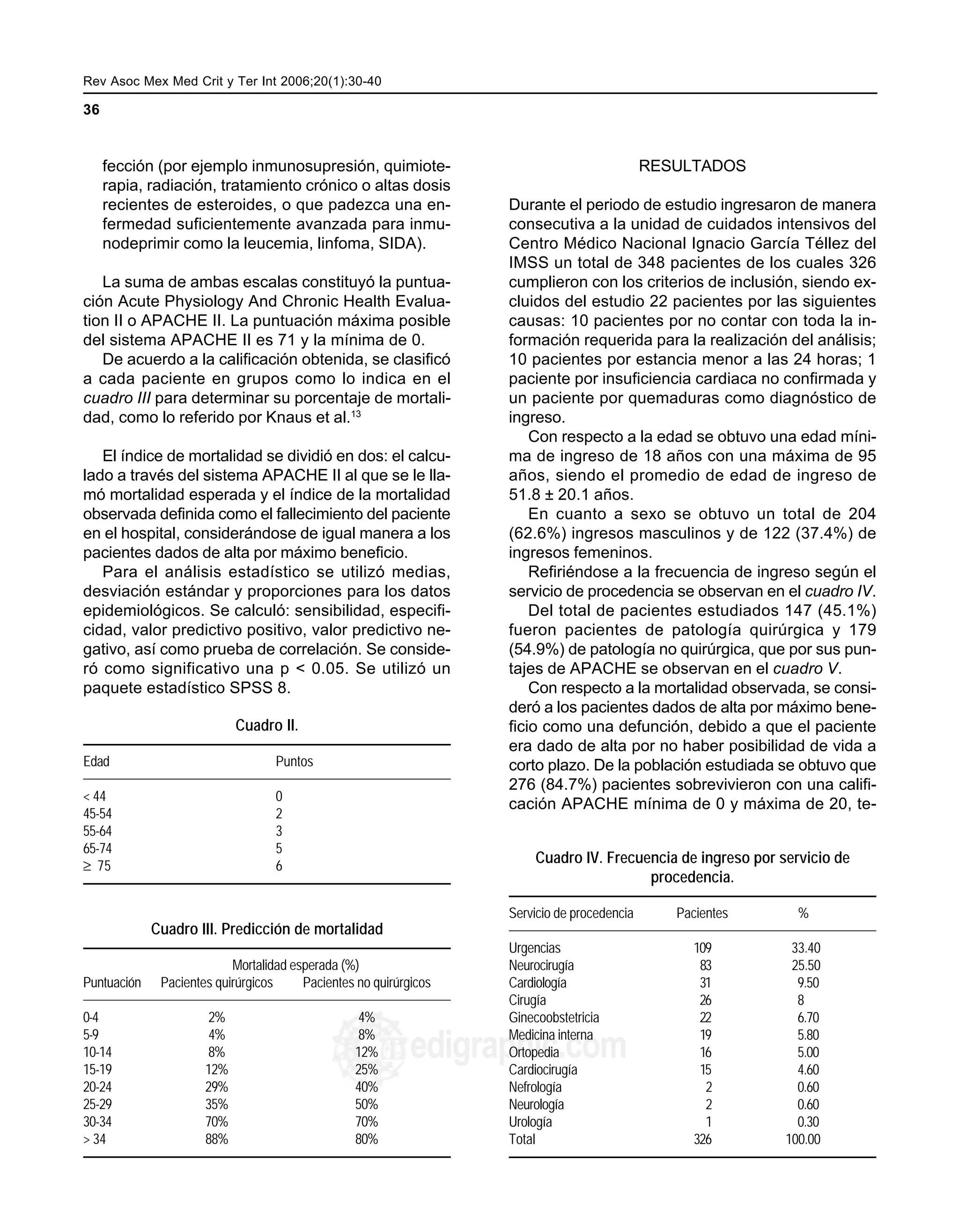 Rev Asoc Mex Med Crit y Ter Int 2006;20(1):30-40 MG
36
edigraphic.com
fección (por ejemplo inmunosupresión, quimiote-
rapia, radiación, tratamiento crónico o altas dosis
recientes de esteroides, o que padezca una en-
fermedad suficientemente avanzada para inmu-
nodeprimir como la leucemia, linfoma, SIDA).
La suma de ambas escalas constituyó la puntua-
ción Acute Physiology And Chronic Health Evalua-
tion II o APACHE II. La puntuación máxima posible
del sistema APACHE II es 71 y la mínima de 0.
De acuerdo a la calificación obtenida, se clasificó
a cada paciente en grupos como lo indica en el
cuadro III para determinar su porcentaje de mortali-
dad, como lo referido por Knaus et al.13
El índice de mortalidad se dividió en dos: el calcu-
lado a través del sistema APACHE II al que se le lla-
mó mortalidad esperada y el índice de la mortalidad
observada definida como el fallecimiento del paciente
en el hospital, considerándose de igual manera a los
pacientes dados de alta por máximo beneficio.
Para el análisis estadístico se utilizó medias,
desviación estándar y proporciones para los datos
epidemiológicos. Se calculó: sensibilidad, especifi-
cidad, valor predictivo positivo, valor predictivo ne-
gativo, así como prueba de correlación. Se conside-
ró como significativo una p < 0.05. Se utilizó un
paquete estadístico SPSS 8.
RESULTADOS
Durante el periodo de estudio ingresaron de manera
consecutiva a la unidad de cuidados intensivos del
Centro Médico Nacional Ignacio García Téllez del
IMSS un total de 348 pacientes de los cuales 326
cumplieron con los criterios de inclusión, siendo ex-
cluidos del estudio 22 pacientes por las siguientes
causas: 10 pacientes por no contar con toda la in-
formación requerida para la realización del análisis;
10 pacientes por estancia menor a las 24 horas; 1
paciente por insuficiencia cardiaca no confirmada y
un paciente por quemaduras como diagnóstico de
ingreso.
Con respecto a la edad se obtuvo una edad míni-
ma de ingreso de 18 años con una máxima de 95
años, siendo el promedio de edad de ingreso de
51.8 ± 20.1 años.
En cuanto a sexo se obtuvo un total de 204
(62.6%) ingresos masculinos y de 122 (37.4%) de
ingresos femeninos.
Refiriéndose a la frecuencia de ingreso según el
servicio de procedencia se observan en el cuadro IV.
Del total de pacientes estudiados 147 (45.1%)
fueron pacientes de patología quirúrgica y 179
(54.9%) de patología no quirúrgica, que por sus pun-
tajes de APACHE se observan en el cuadro V.
Con respecto a la mortalidad observada, se consi-
deró a los pacientes dados de alta por máximo bene-
ficio como una defunción, debido a que el paciente
era dado de alta por no haber posibilidad de vida a
corto plazo. De la población estudiada se obtuvo que
276 (84.7%) pacientes sobrevivieron con una califi-
cación APACHE mínima de 0 y máxima de 20, te-
Cuadro III. Predicción de mortalidad
Mortalidad esperada (%)
Puntuación Pacientes quirúrgicos Pacientes no quirúrgicos
0-4 2% 4%
5-9 4% 8%
10-14 8% 12%
15-19 12% 25%
20-24 29% 40%
25-29 35% 50%
30-34 70% 70%
> 34 88% 80%
Cuadro IV. Frecuencia de ingreso por servicio de
procedencia.
Servicio de procedencia Pacientes %
Urgencias 109 33.40
Neurocirugía 83 25.50
Cardiología 31 9.50
Cirugía 26 8
Ginecoobstetricia 22 6.70
Medicina interna 19 5.80
Ortopedia 16 5.00
Cardiocirugía 15 4.60
Nefrología 2 0.60
Neurología 2 0.60
Urología 1 0.30
Total 326 100.00
Cuadro II.
Edad Puntos
< 44 0
45-54 2
55-64 3
65-74 5
≥ 75 6
 