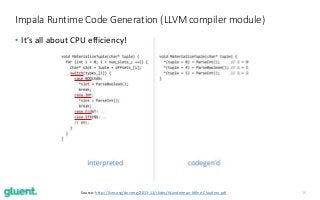 16
Impala Runtime Code Generation (LLVM compiler module)
Source: http://llvm.org/devmtg/2013-11/slides/Wanderman-Milne-Cloudera.pdf
• It’s all about CPU efficiency!
 