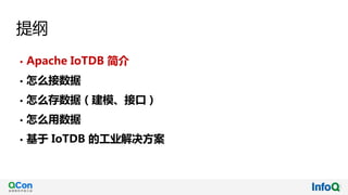 提纲
• Apache IoTDB 简介
• 怎么接数据
• 怎么存数据（建模、接口）
• 怎么用数据
• 基于 IoTDB 的工业解决方案
 