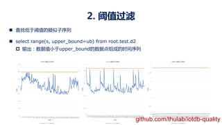 2. 阈值过滤
n 查找低于阈值的疑似子序列
n select range(s, upper_bound=ub) from root.test.d2
p 输出：数据值小于upper_bound的数据点组成的时间序列
0
0.1
0.2
0.3
0.4
0.5
0.6
0.7
1
10
19
28
37
46
55
64
73
82
91
100
109
118
127
136
145
154
163
172
181
190
199
208
217
226
235
244
253
262
271
280
289
298
307
316
325
334
343
352
361
370
水温值
点序号
10053疑似子序列
value threshold
0
0.5
1
1.5
2
2.5
3
3.5
4
1
279
557
835
1113
1391
1669
1947
2225
2503
2781
3059
3337
3615
3893
4171
4449
4727
5005
5283
5561
5839
6117
6395
6673
6951
7229
7507
7785
8063
8341
8619
8897
9175
9453
9731
10009
10287
10565
10843
11121
11399
11677
11955
12233
水温值
点序号
11210疑似子序列
value threshold
0
0.5
1
1.5
2
2.5
3
1
290
579
868
1157
1446
1735
2024
2313
2602
2891
3180
3469
3758
4047
4336
4625
4914
5203
5492
5781
6070
6359
6648
6937
7226
7515
7804
8093
8382
8671
8960
9249
9538
9827
10116
10405
10694
10983
11272
11561
11850
12139
12428
12717
水温值
点序号
10821疑似子序列
value threshold
github.com/thulab/iotdb-quality
 