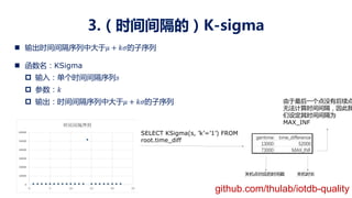 3.（时间间隔的）K-sigma
n 输出时间间隔序列中大于1 + 34的子序列
n 函数名：KSigma
p 输入：单个时间间隔序列%
p 参数：3
p 输出：时间间隔序列中大于1 + 34的子序列
SELECT KSigma(s, ’k’=’1’) FROM
root.time_diff
关机点对应的时间戳 关机时长
由于最后一个点没有后续点
无法计算时间间隔，因此我
们设定其时间间隔为
MAX_INF
github.com/thulab/iotdb-quality
 