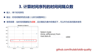 3. 计算时间序列的时间间隔众数
n 输入：单个时间序列
n 输出：时间间隔序列的众数（以秒为规整单位）
n 使用场景：当时间间隔都较为规整，且分散较为集中的情况下，可以作为标准间隔来使用
Select mode
(time_difference) from
root.test.d1 1000
github.com/thulab/iotdb-quality
 