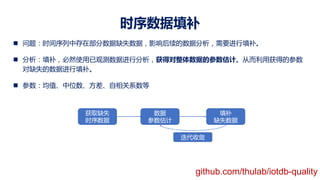 时序数据填补
n 问题：时间序列中存在部分数据缺失数据，影响后续的数据分析，需要进行填补。
n 分析：填补，必然使用已观测数据进行分析，获得对整体数据的参数估计。从而利用获得的参数
对缺失的数据进行填补。
n 参数：均值、中位数、方差、自相关系数等
获取缺失
时序数据
数据
参数估计
填补
缺失数据
迭代收敛
github.com/thulab/iotdb-quality
 