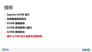 提纲
• Apache IoTDB 简介
• 时序数据读写特点
• IoTDB 建模指导
• IoTDB 多场景写入接口
• IoTDB 查询优化
• 基于 IoTDB 的工业解决方案举例
 