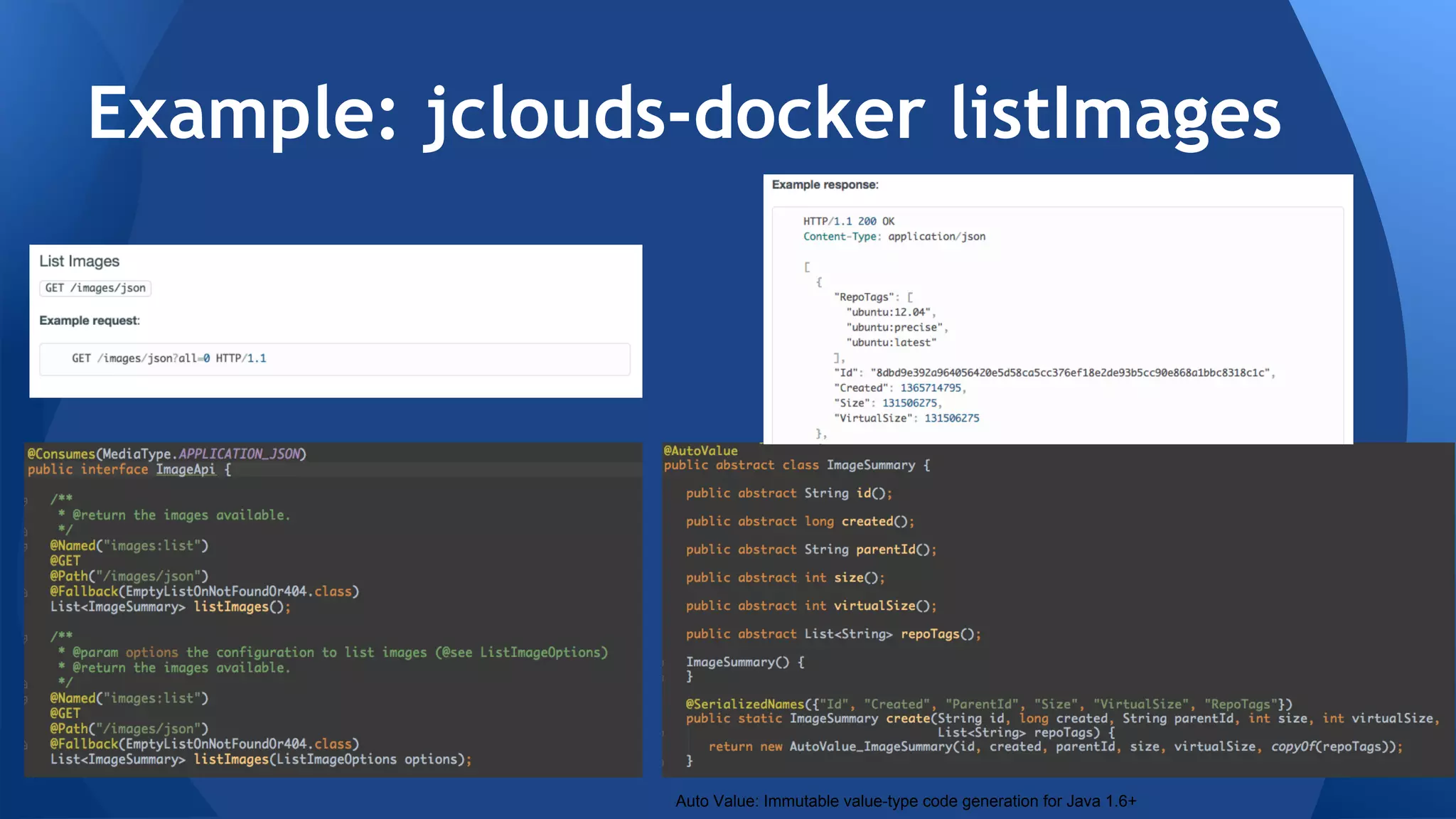 Example: List Images 
Auto Value: Immutable value-type code generation for Java 1.6+ 
 