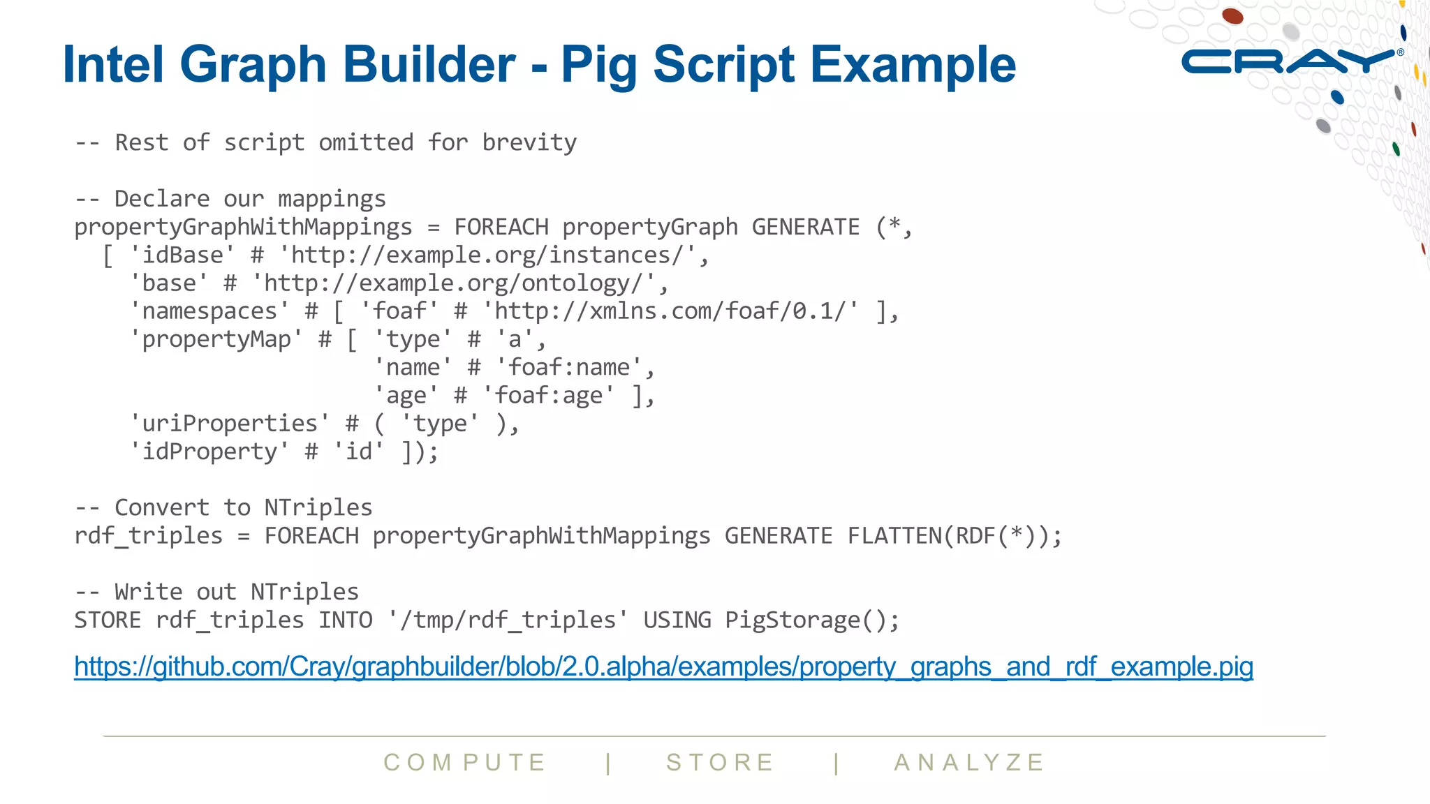 C O M P U T E | S T O R E | A N A L Y Z E
Intel Graph Builder - Pig Script Example
https://github.com/Cray/graphbuilder/blob/2.0.alpha/examples/property_graphs_and_rdf_example.pig
-- Rest of script omitted for brevity
-- Declare our mappings
propertyGraphWithMappings = FOREACH propertyGraph GENERATE (*,
[ 'idBase' # 'http://example.org/instances/',
'base' # 'http://example.org/ontology/',
'namespaces' # [ 'foaf' # 'http://xmlns.com/foaf/0.1/' ],
'propertyMap' # [ 'type' # 'a',
'name' # 'foaf:name',
'age' # 'foaf:age' ],
'uriProperties' # ( 'type' ),
'idProperty' # 'id' ]);
-- Convert to NTriples
rdf_triples = FOREACH propertyGraphWithMappings GENERATE FLATTEN(RDF(*));
-- Write out NTriples
STORE rdf_triples INTO '/tmp/rdf_triples' USING PigStorage();
 