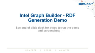 C O M P U T E | S T O R E | A N A L Y Z E
Intel Graph Builder - RDF
Generation Demo
See end of slide deck for steps to run...