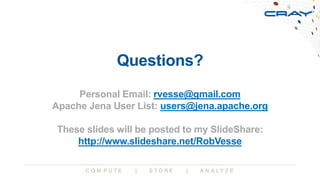 C O M P U T E | S T O R E | A N A L Y Z E
Questions?
Personal Email: rvesse@gmail.com
Apache Jena User List: users@jena.ap...