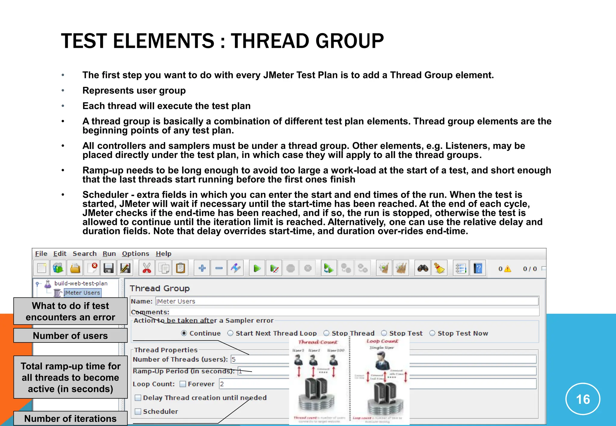 TEST ELEMENTS : THREAD GROUP
• The first step you want to do with every JMeter Test Plan is to add a Thread Group element.
• Represents user group
• Each thread will execute the test plan
• A thread group is basically a combination of different test plan elements. Thread group elements are the
beginning points of any test plan.
• All controllers and samplers must be under a thread group. Other elements, e.g. Listeners, may be
placed directly under the test plan, in which case they will apply to all the thread groups.
• Ramp-up needs to be long enough to avoid too large a work-load at the start of a test, and short enough
that the last threads start running before the first ones finish
• Scheduler - extra fields in which you can enter the start and end times of the run. When the test is
started, JMeter will wait if necessary until the start-time has been reached. At the end of each cycle,
JMeter checks if the end-time has been reached, and if so, the run is stopped, otherwise the test is
allowed to continue until the iteration limit is reached. Alternatively, one can use the relative delay and
duration fields. Note that delay overrides start-time, and duration over-rides end-time.
16
Number of users
Total ramp-up time for
all threads to become
active (in seconds)
Number of iterations
What to do if test
encounters an error
 